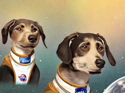 Prompt: black mountain cur dogs in space dressed in nasa uniforms