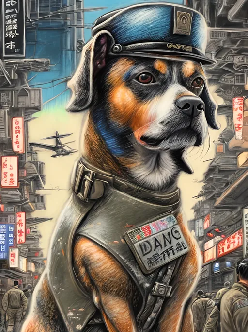 Prompt: chalk pastel art of a detailed dog wearing a military uniform on the streets in cyberpunk japan during a festival with planes in the background, sketch, detailed background, highres, fun atmosphere, natural lighting,  abstract, fun