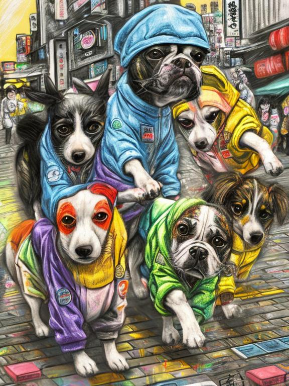 Prompt: pop art chalk pastel art of detailed dogs wearing clothes playing in the streets in japan during a festival, sketch, detailed background, highres, fun atmosphere, natural lighting,  abstract, fun