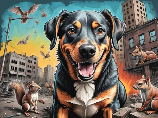 Prompt: pop art chalk pastel, a detailed happy dog being overwhelmed by squirrels, detailed background of a post-apocalyptic city, sketch, grunge, highres, abstract art