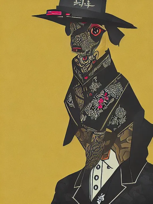 Prompt: all black mountain cur dog dressed as yakuza DJing