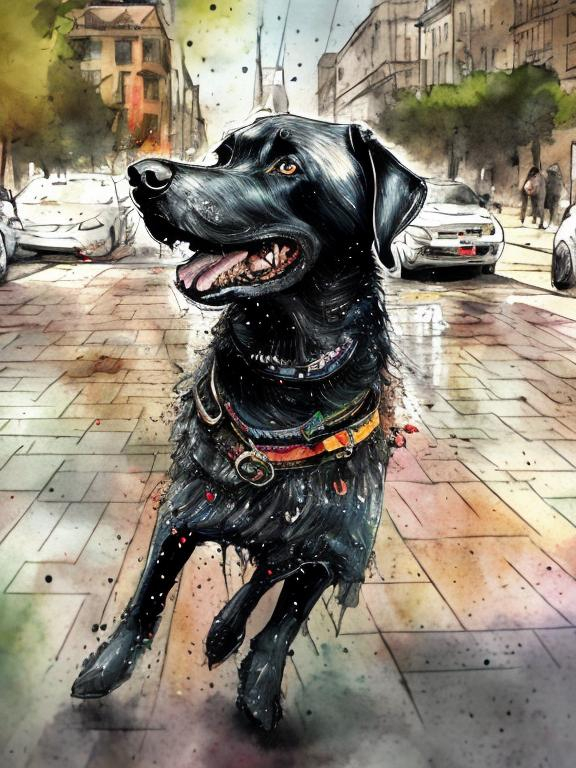 Prompt: a black dog wearing clothes having fun in the streets, water color, sketch, detailed background, highres, fun atmosphere, natural lighting