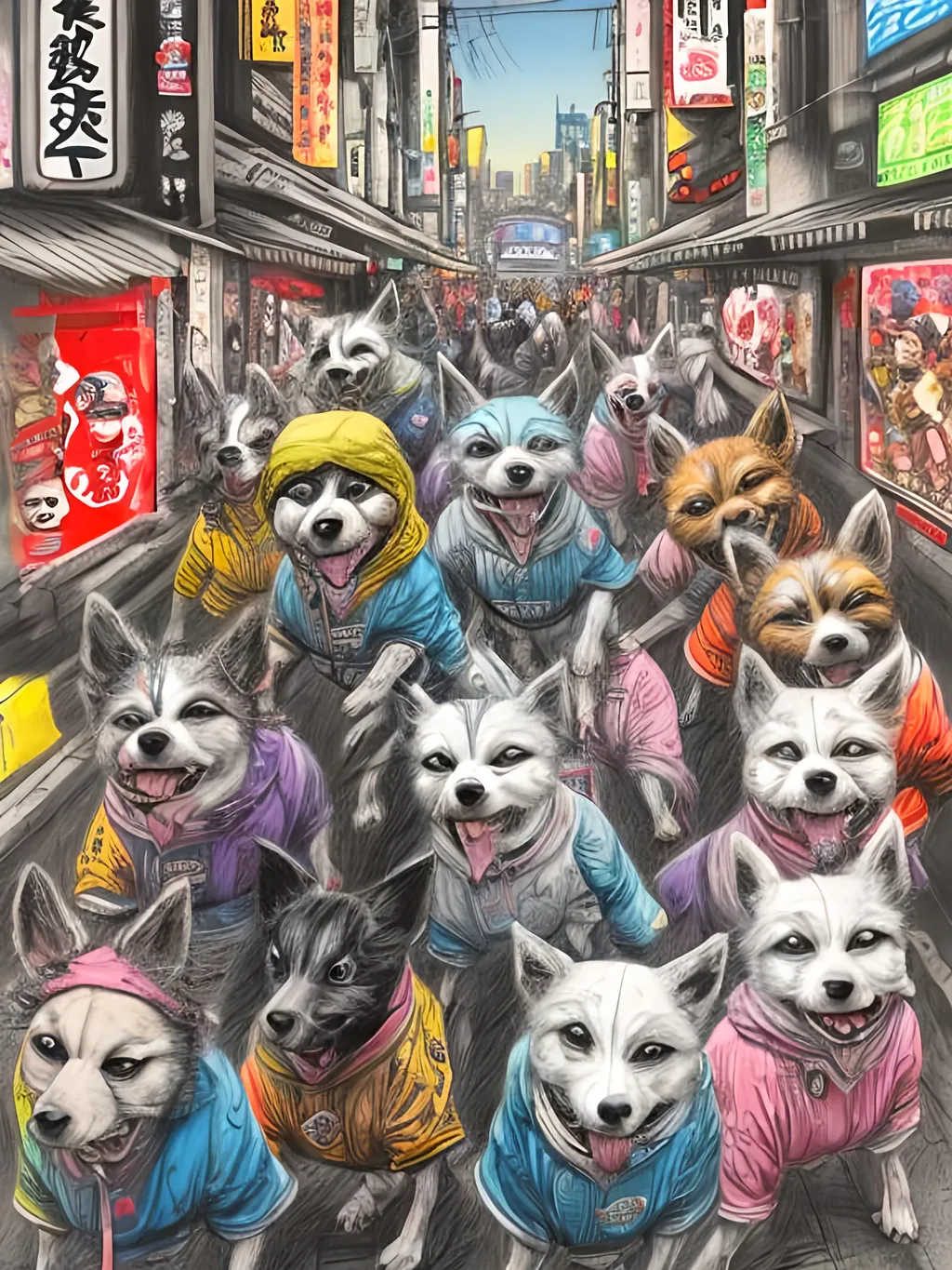 Prompt: pop art chalk pastel art of detailed dogs wearing gangster clothes playing in the streets in japan during a festival, sketch, detailed background, highres, fun atmosphere, natural lighting,  abstract, fun