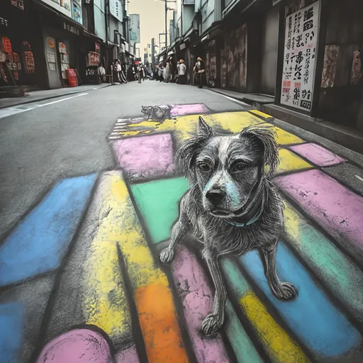 Prompt: pop art chalk pastel of a detailed grunge dog in the streets in japan, detailed background, natural lighting, highres, fun