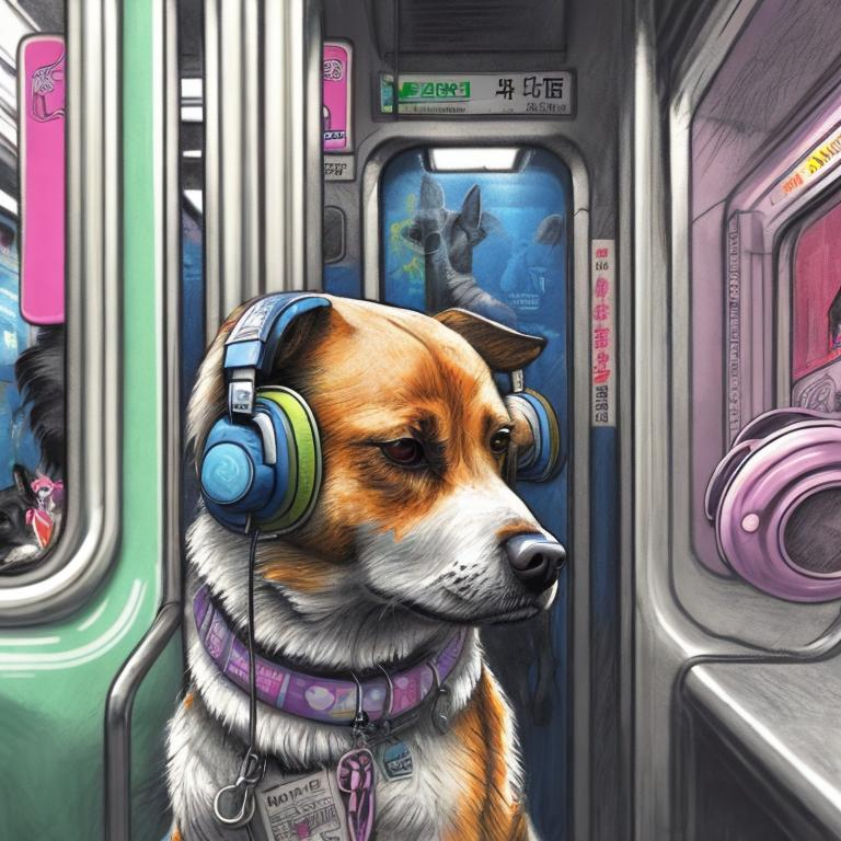 Prompt: pop art chalk pastel art of a detailed dog listening to music on the subway train in cyberpunk japan with planes in the background, sketch, detailed background, highres, fun atmosphere, natural lighting,  abstract, fun