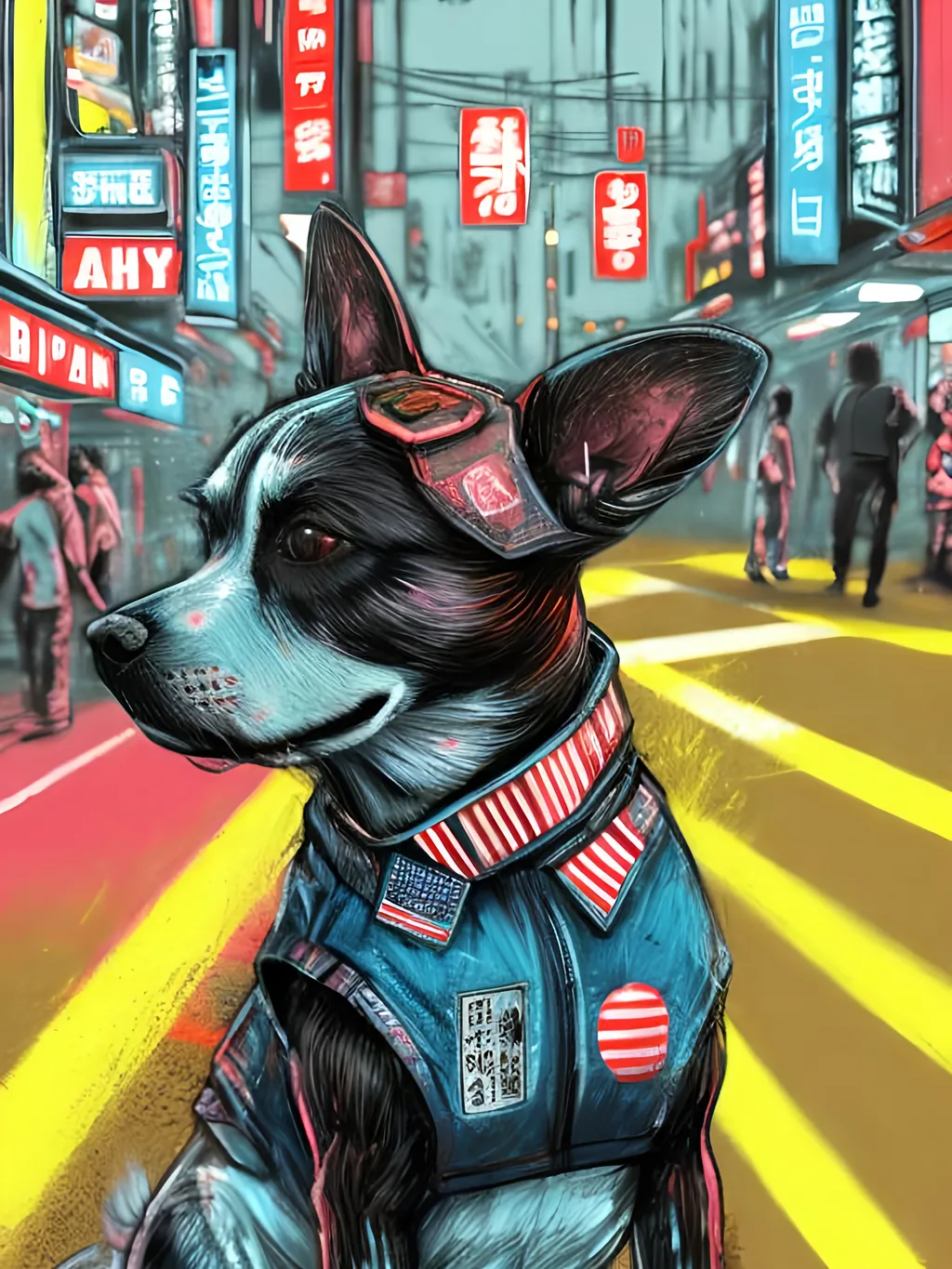 Prompt: pop art chalk pastel art of detailed dog wearing USA clothes playing in the streets in cyberpunk japan during a festival, sketch, detailed background, highres, fun atmosphere, natural lighting,  abstract, fun