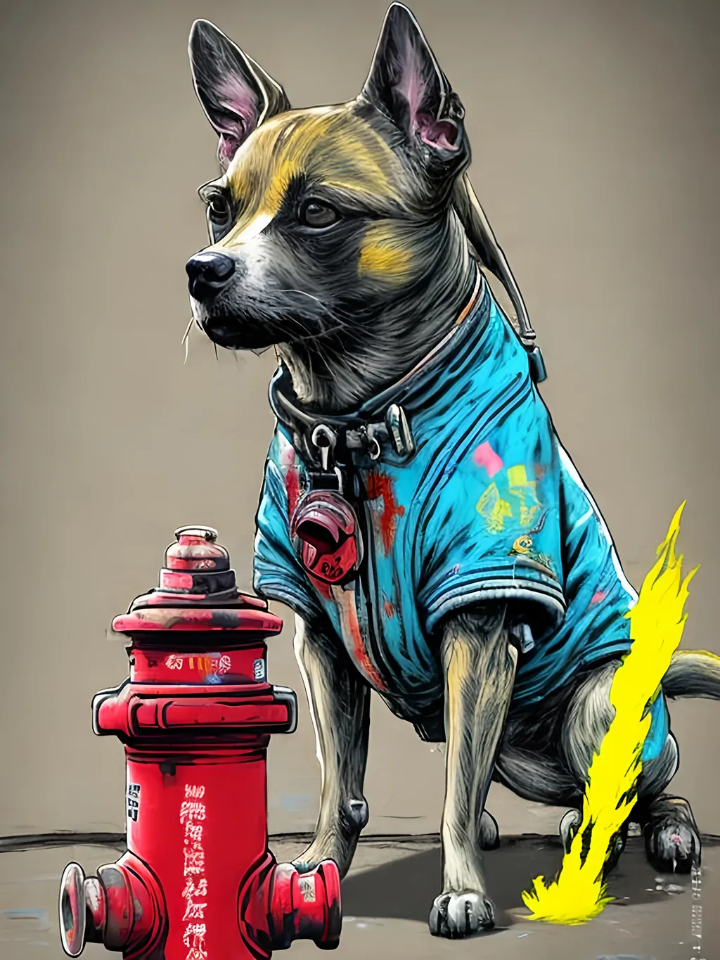 Prompt: pop art chalk pastel art of detailed dog peeing on a fire hydrant in cyberpunk japan during a festival, sketch, detailed background, highres, fun atmosphere, natural lighting,  abstract, fun