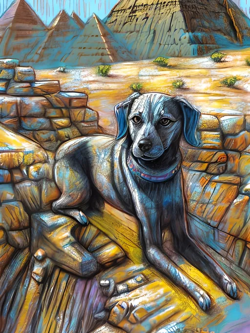 Prompt: chalk pastel art of detailed dog as the sphinx in egypt, sketch, detailed background, highres, fun atmosphere, natural lighting,  abstract, fun