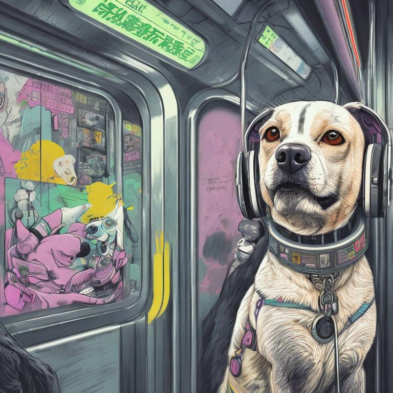 Prompt: pop art chalk pastel art of a detailed dog listening to music on the subway train in cyberpunk japan with planes in the background, sketch, detailed background, highres, fun atmosphere, natural lighting,  abstract, fun