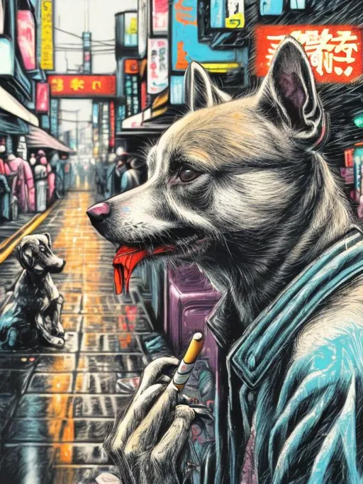 Prompt: pop art chalk pastel art of detailed dog smoking in the streets in cyberpunk japan during a festival, sketch, detailed background, highres, fun atmosphere, natural lighting,  abstract, fun