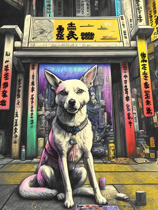 Prompt: pop art chalk pastel art of detailed dog at a shrine in cyberpunk japan, sketch, detailed background, highres, fun atmosphere, natural lighting,  abstract, fun