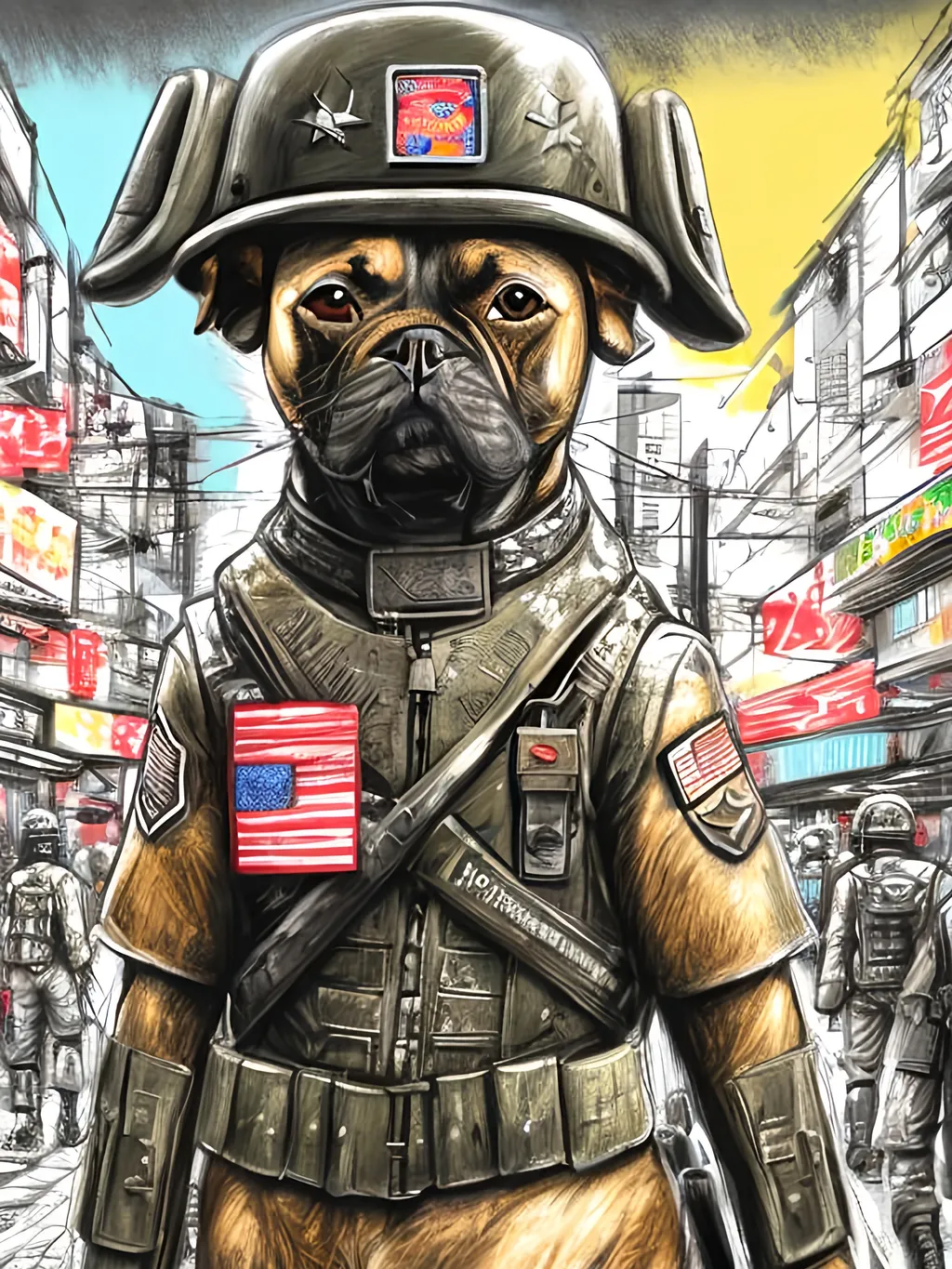 Prompt: pop art chalk pastel art of detailed dog wearing military uniforms<mymodel> playing in the streets in cyberpunk japan during a festival, sketch, detailed background, highres, fun atmosphere, natural lighting,  abstract, fun