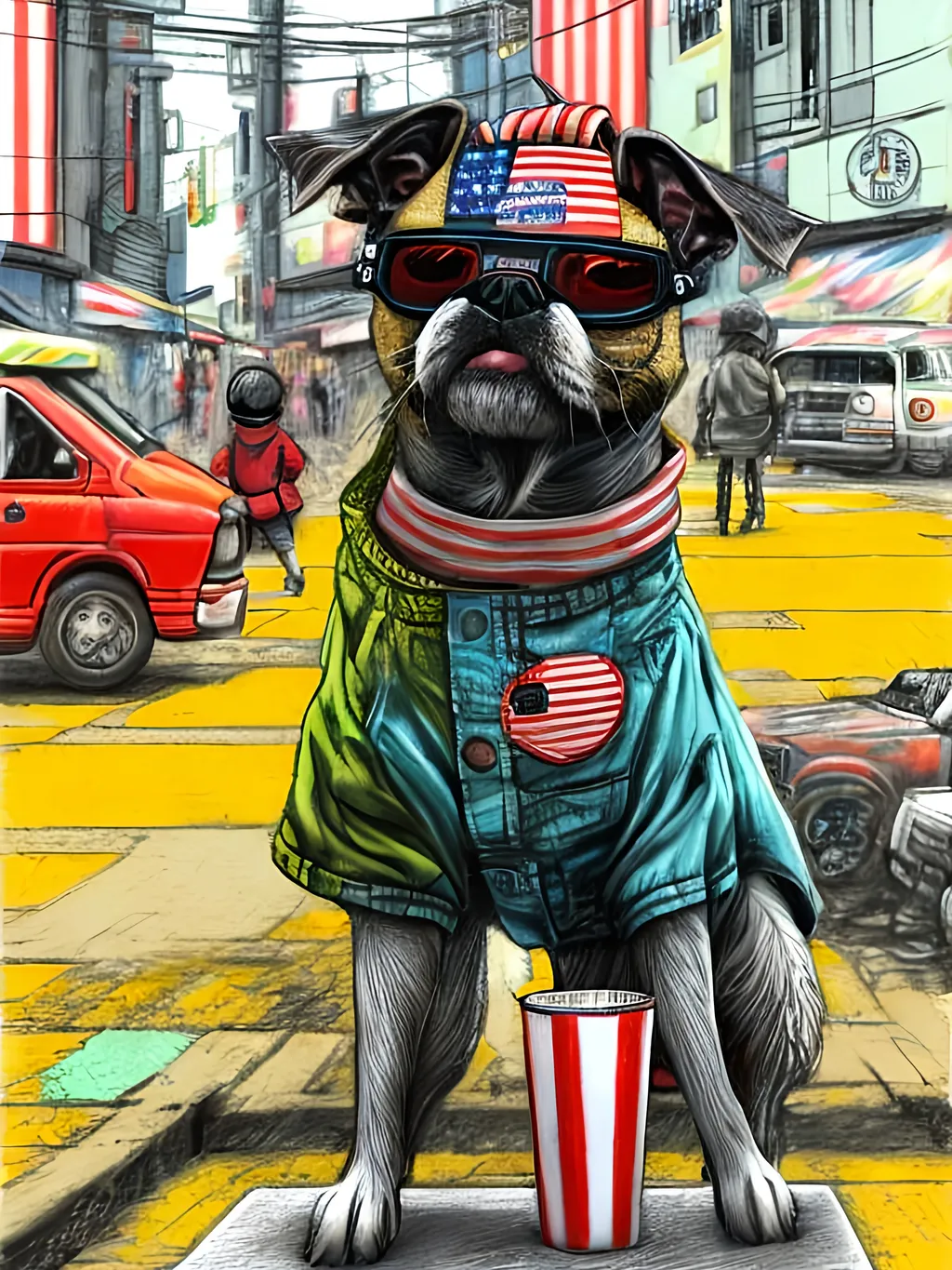 Prompt: pop art chalk pastel art of detailed dog wearing usa clothes playing in the streets in dystopian japan during a festival, sketch, detailed background, highres, fun atmosphere, natural lighting,  abstract, fun