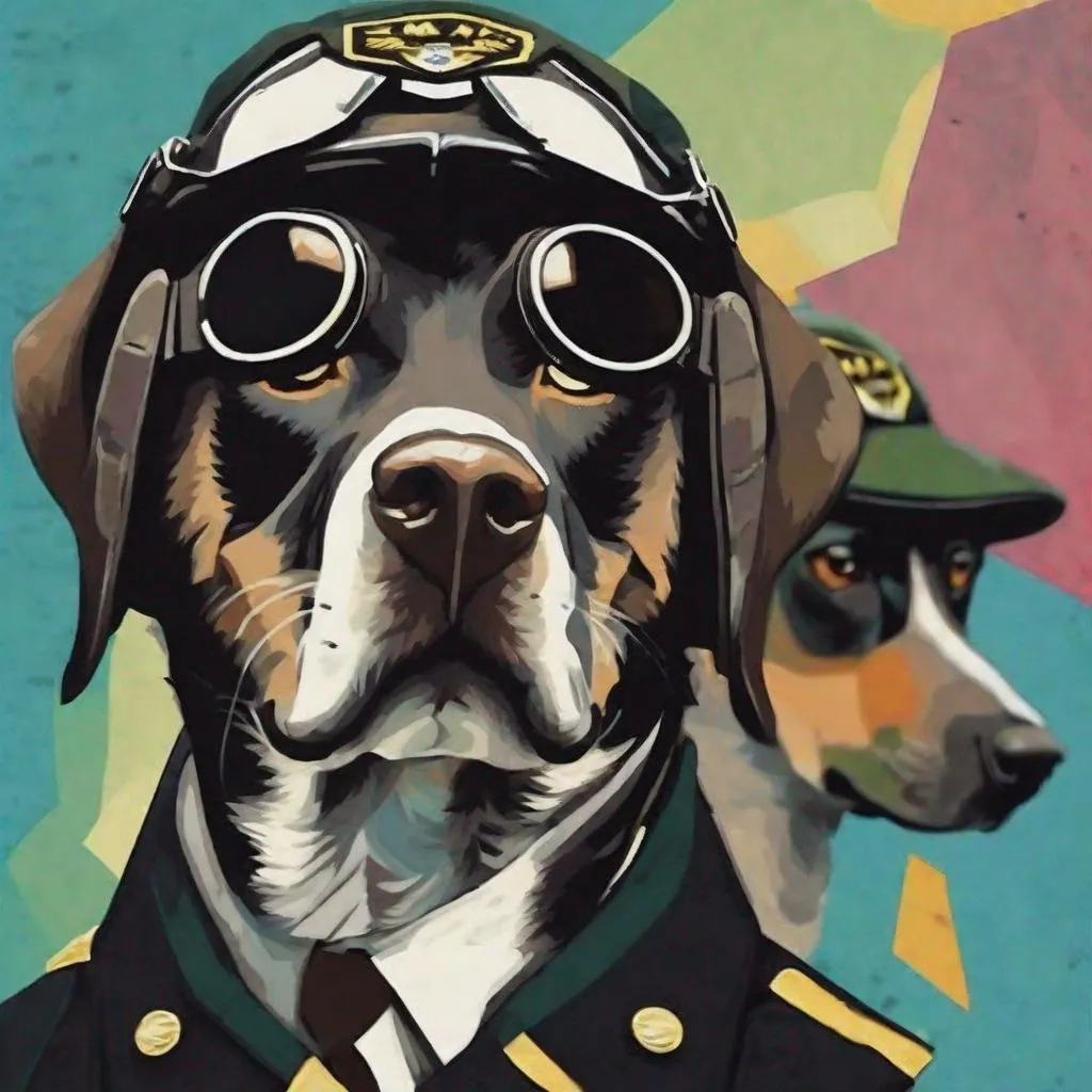 Prompt: mountain cur black dogs in pilot uniform abstract art 90s poster