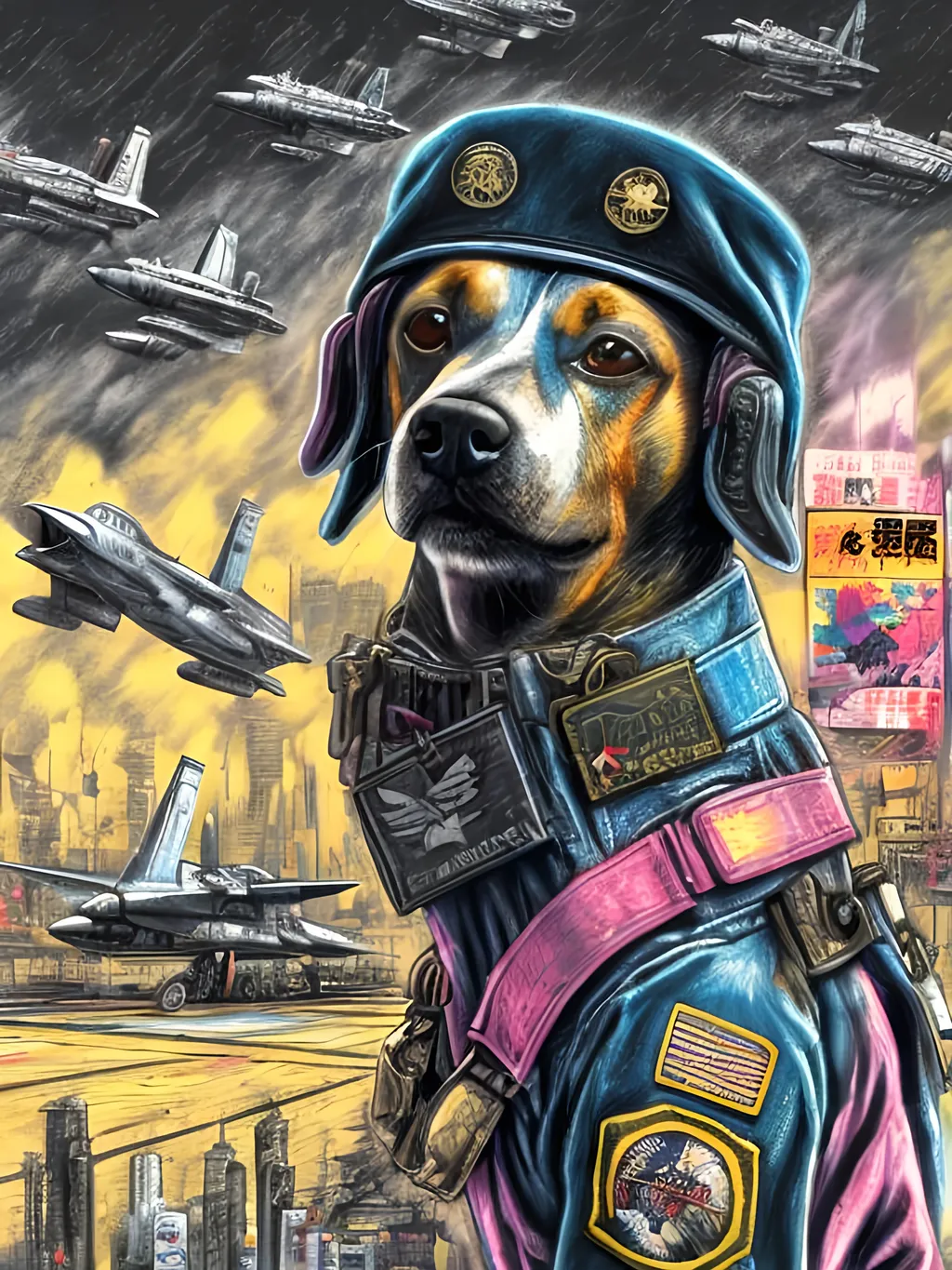 Prompt: pop art chalk pastel art of a detailed dog wearing a military uniform on the streets in cyberpunk japan during a festival with planes in the background, sketch, detailed background, highres, fun atmosphere, natural lighting,  abstract, fun