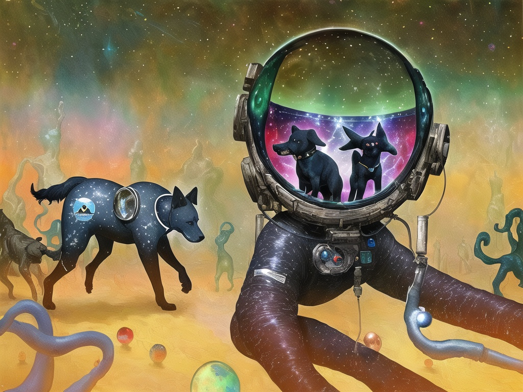 Prompt: Surrealism art, black dogs in astronaut outfits, space background, surrealistic, abstract, detailed fur, cosmic colors, dreamlike atmosphere, high quality, surrealism, astronaut dogs, abstract art, cosmic, detailed, surreal colors, space setting, dreamy lighting