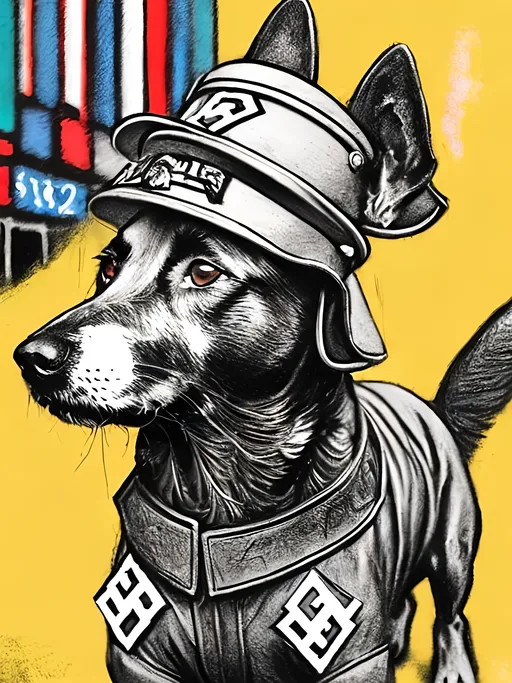 Prompt: pop art chalk pastel art of detailed dogs wearing nazi uniforms playing in the streets in japan during a festival, sketch, detailed background, highres, fun atmosphere, natural lighting,  abstract, fun