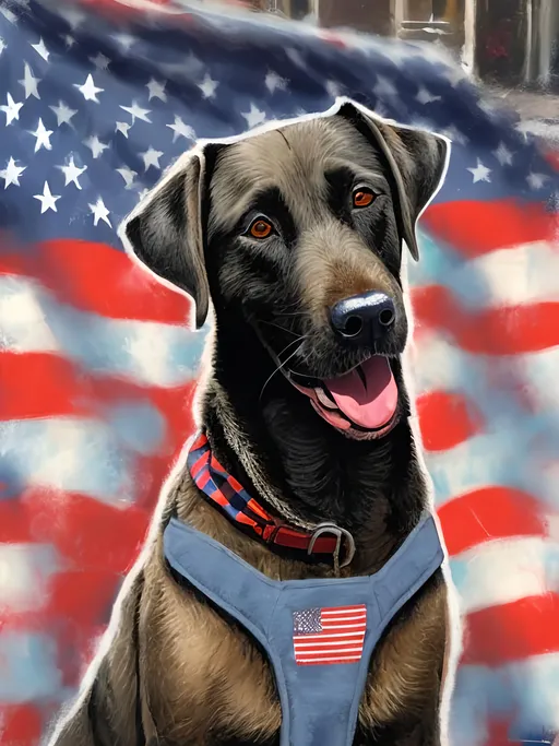 Prompt: a detailed mountain cur black dog wearing usa clothes at a city market, pop art chalk pastel, detailed background, high res, fun