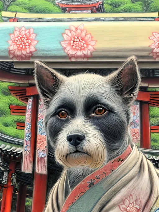 Prompt: chalk pastel style of a  detailed dog in a kimono at a shrine, sketch, detailed background, highres, fun atmosphere, natural lighting,  abstract, fun