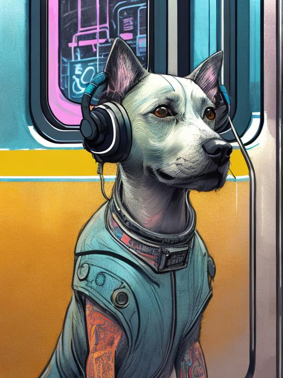 Prompt: pop art chalk pastel art of a detailed dog listening to music on the subway train in cyberpunk japan, sketch, detailed background, highres, fun atmosphere, natural lighting,  abstract, fun