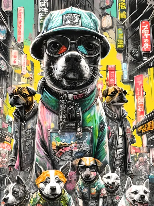 Prompt: pop art chalk pastel art of detailed dogs wearing gangster clothes playing in the streets in cyberpunk japan during a festival, sketch, detailed background, highres, fun atmosphere, natural lighting,  abstract, fun
