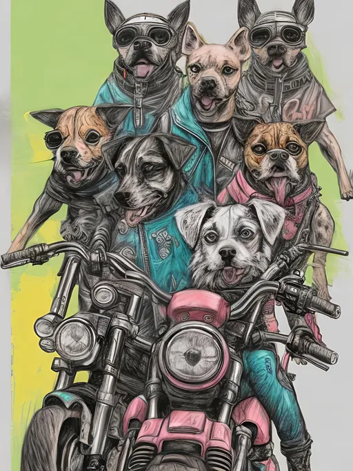 Prompt: pop art chalk pastel art of detailed dogs wearing biker gang clothes playing in the streets in cyberpunk japan during a festival, sketch, detailed background, highres, fun atmosphere, natural lighting,  abstract, fun