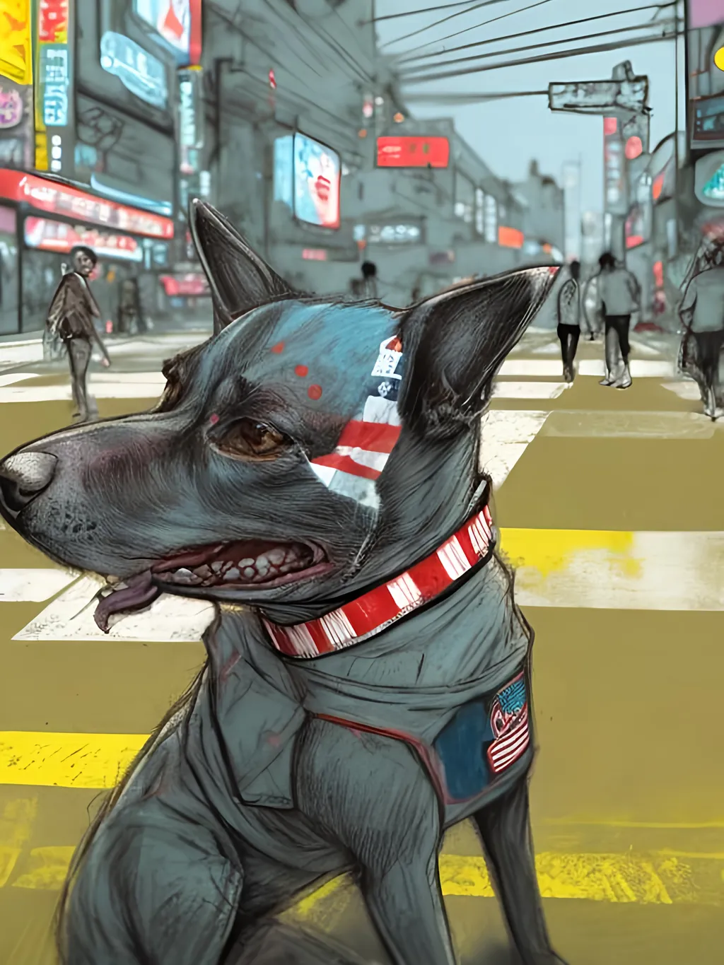 Prompt: pop art chalk pastel art of detailed dog wearing USA clothes playing in the streets in cyberpunk japan during a festival, sketch, detailed background, highres, fun atmosphere, natural lighting,  abstract, fun