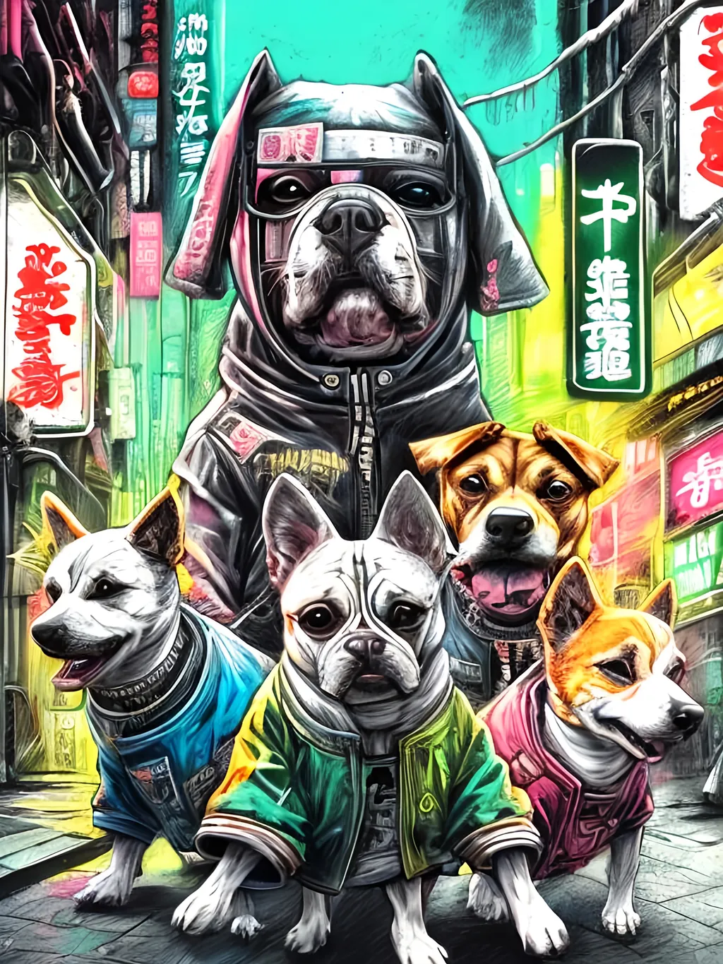 Prompt: pop art chalk pastel art of detailed dogs wearing gangster clothes playing in the streets in cyberpunk japan during a festival, sketch, detailed background, highres, fun atmosphere, natural lighting,  abstract, fun