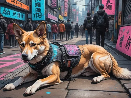 Prompt: a detailed grunge dog in cyberpunk Japan festival, chalk pastel, natural lighting, highres, detailed streets, fun, cyberpunk, detailed fur, vibrant colors, lively atmosphere, street festival, urban setting, chalk pastel art, detailed background, Japan, pop art, festival vibes, sketch