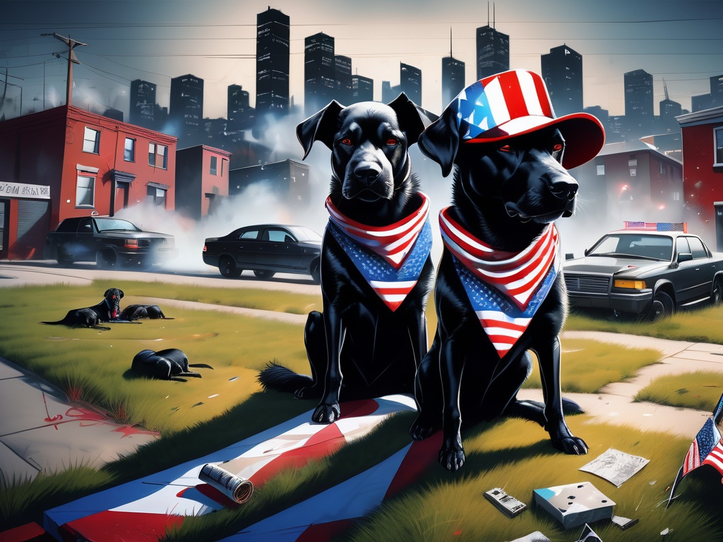 Prompt: Abstract art of a black dogs in gangster clothes, graffiti, streets, patriotic, detailed, atmospheric lighting, battle in the background, highres, abstract, gangster, detailed clothing, patriotic theme, streets, atmospheric lighting, dogs