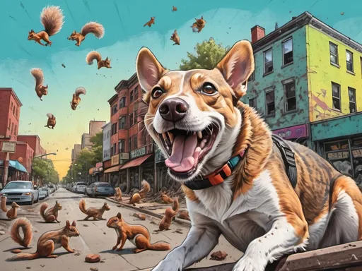 Prompt: Detailed happy dog overwhelmed by squirrels, sketch, pop art chalk pastel, detailed post-apocalyptic city background, grunge, highres, abstract, natural lighting, lively atmosphere, fun, detailed squirrels, colorful, chaotic, vibrant, happy-go-lucky