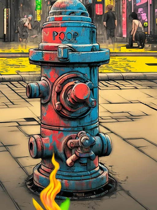 Prompt: pop art chalk pastel art of detailed dog peeing on a fire hydrant in cyberpunk japan during a festival, sketch, detailed background, highres, fun atmosphere, natural lighting,  abstract, fun