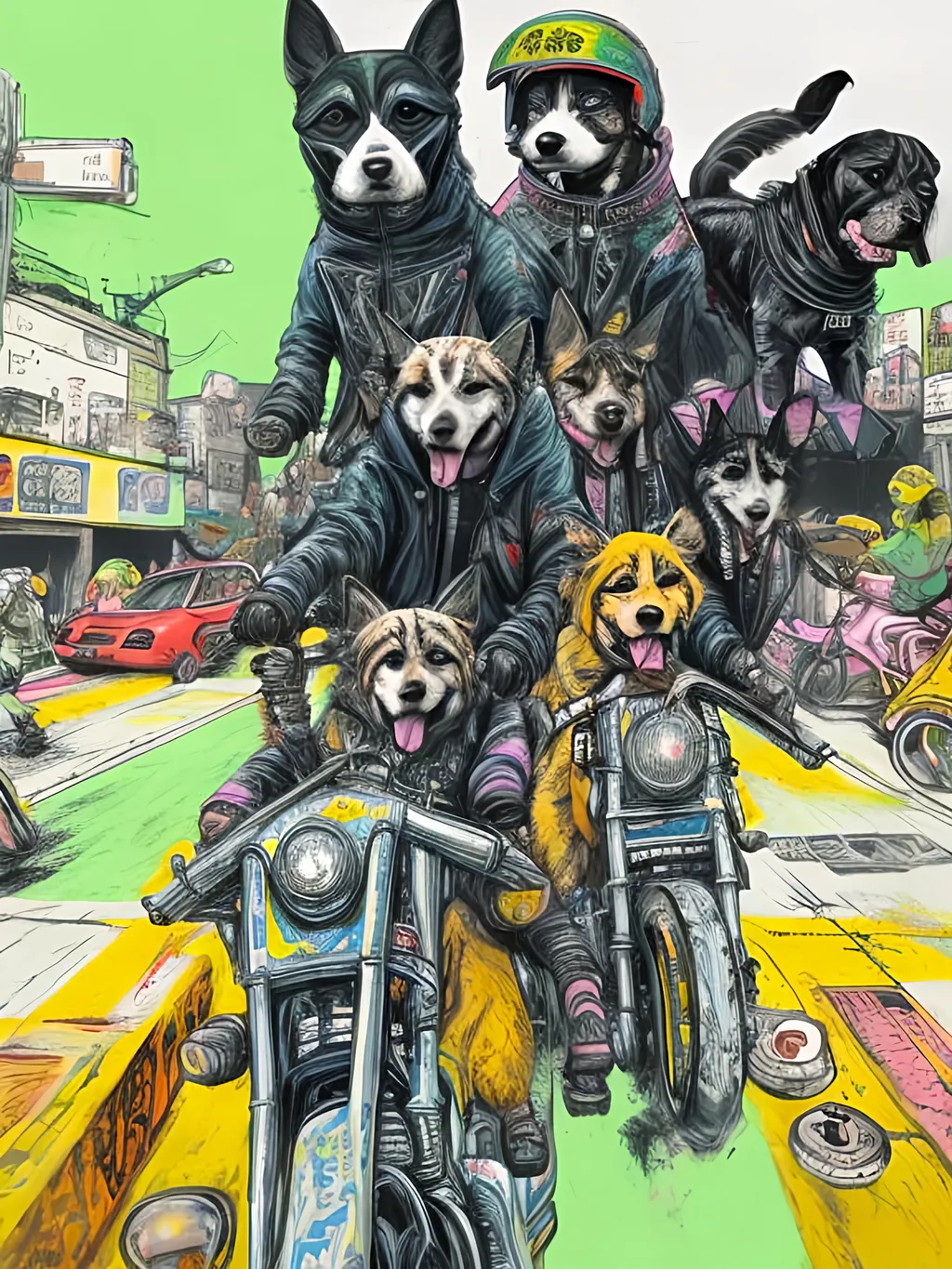 Prompt: pop art chalk pastel art of detailed dogs wearing biker gang clothes playing in the streets in cyberpunk japan during a festival, sketch, detailed background, highres, fun atmosphere, natural lighting,  abstract, fun