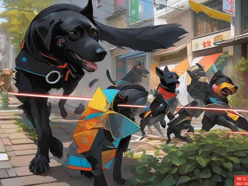 Prompt: black dog wearing ninja clothes having fun in the streets with a battle in the background, dogs, abstract art, Screen print, digital art, 8k resolution trending on Artstation, golden ratio, akira, rule of thirds, geometric bauhaus, Studio Ghibli, Anime Key Visual, by Makoto Shinkai, Deep Color, Intricate, 8k resolution concept art, Natural Lighting, Beautiful Composition