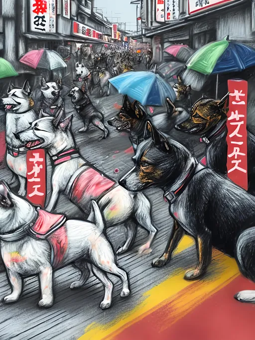 Prompt: pop art chalk pastel art of detailed dogs wearing pilot uniforms playing in the streets in japan during a festival, sketch, detailed background, highres, fun atmosphere, natural lighting,  abstract, fun