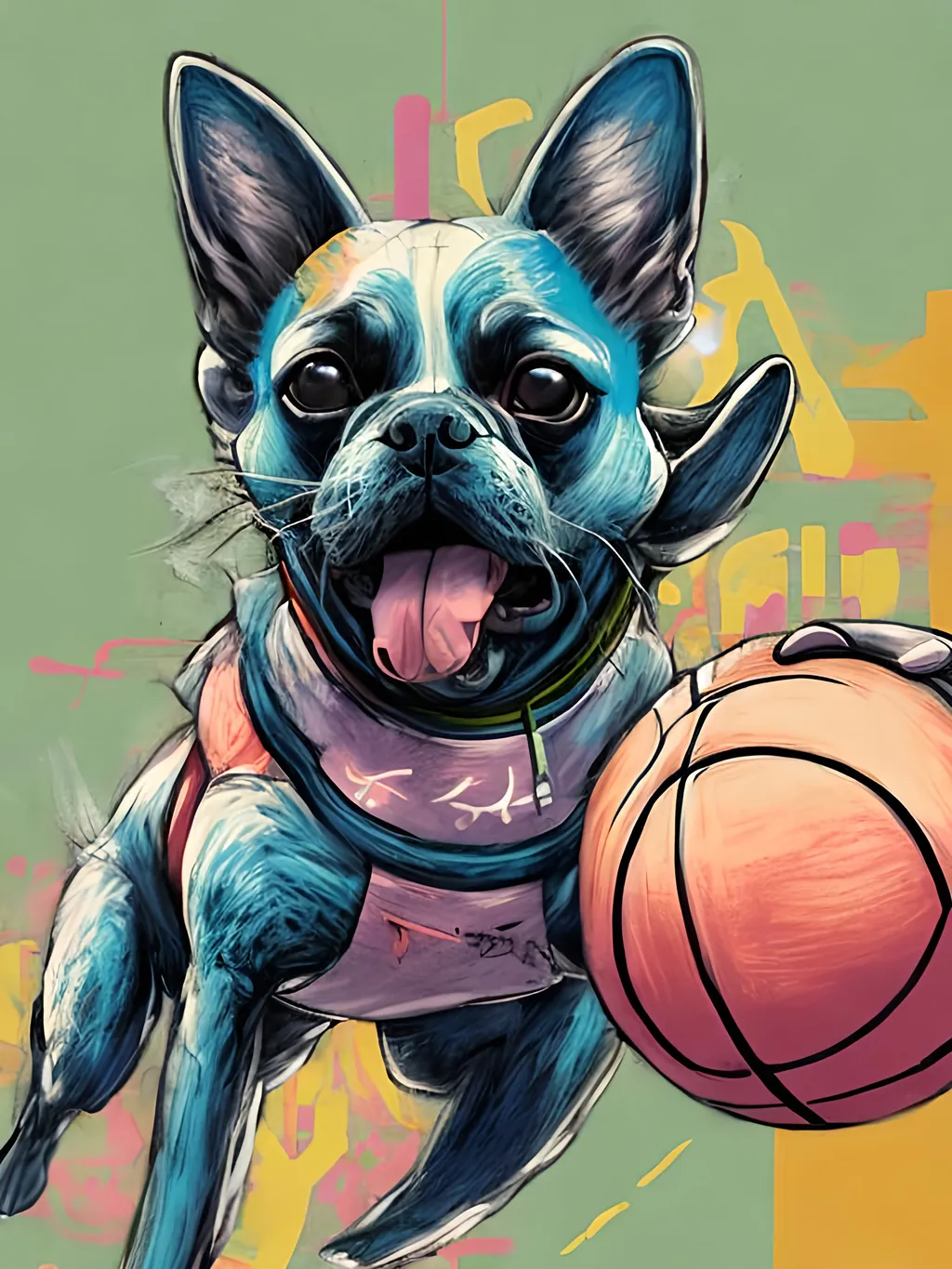 Prompt: pop art chalk pastel art of detailed dog playing basket ball game in cyberpunk japan, sketch, detailed background, highres, fun atmosphere, natural lighting,  abstract, fun