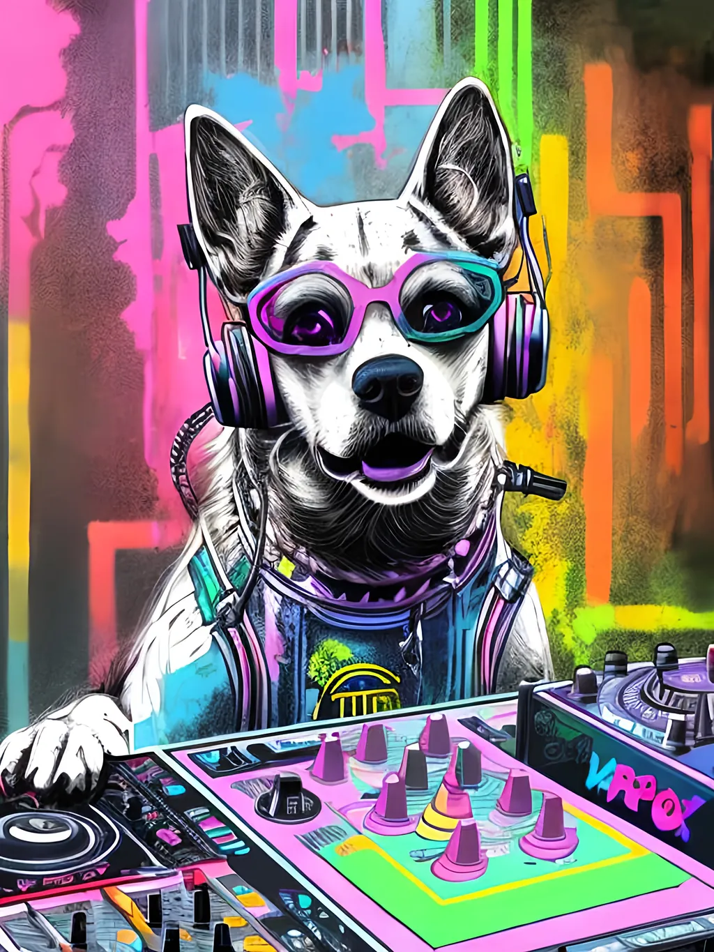 Prompt: pop art chalk pastel art of detailed dog DJing in cyberpunk Japan, sketch, detailed background, highres, fun atmosphere, natural lighting,  abstract, fun