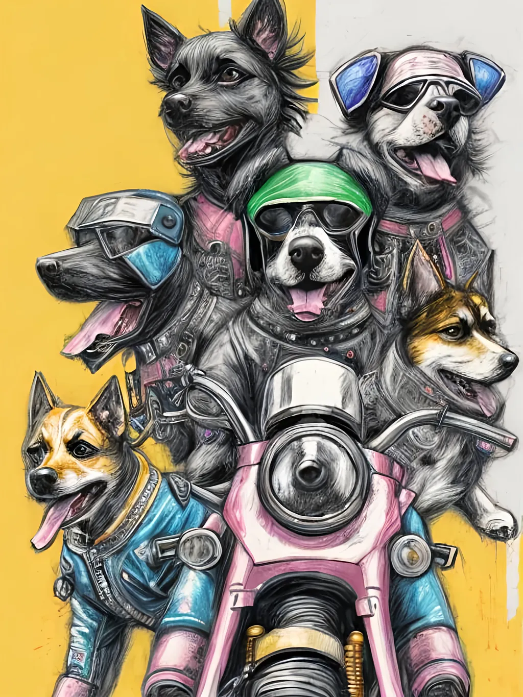 Prompt: pop art chalk pastel art of detailed dogs wearing biker gang clothes playing in the streets in cyberpunk japan during a festival, sketch, detailed background, highres, fun atmosphere, natural lighting,  abstract, fun