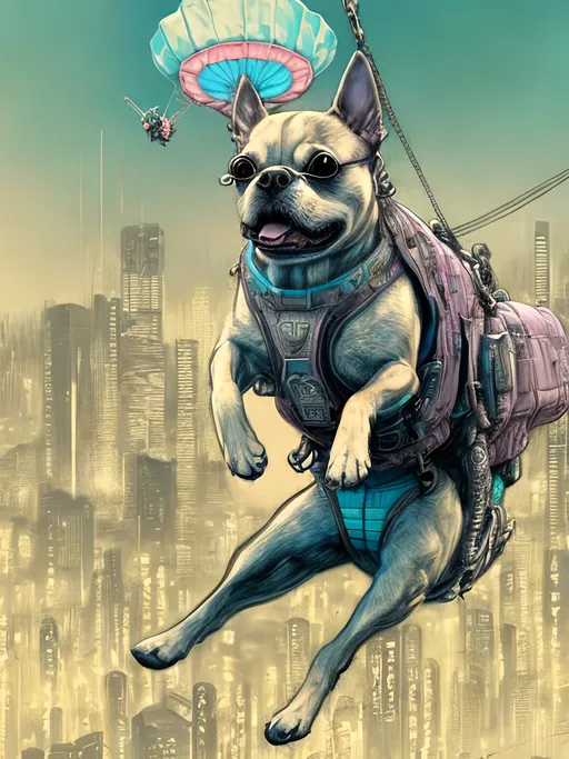 Prompt: chalk pastel style of a  detailed dog parachuting in cyberpunk japan, sketch, detailed background, highres, fun atmosphere, natural lighting,  abstract, fun