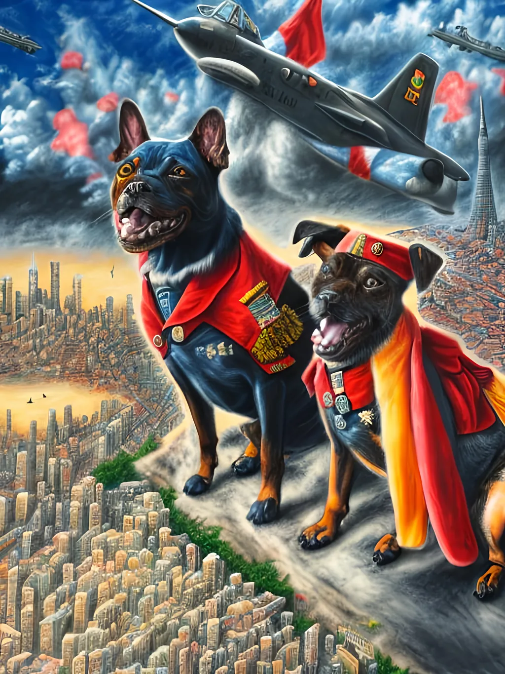 Prompt: Detailed chalk pastel of a dogs in soldier uniforms, detailed background of tokyo japan with airplanes, highres, natural lighting, happy, fun, lively atmosphere, punk