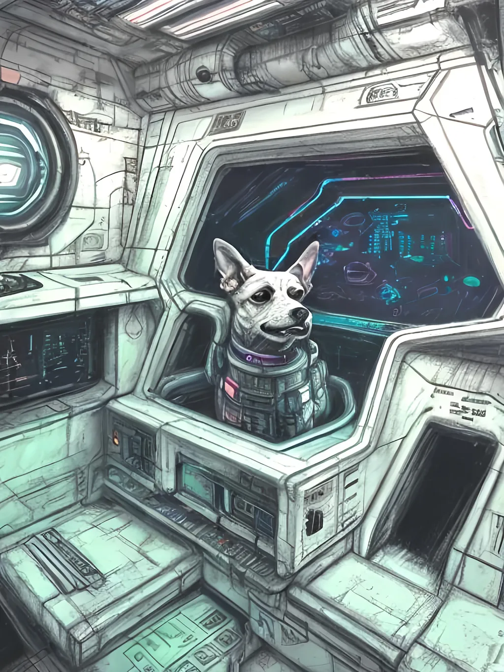 Prompt: chalk pastel style of a  detailed dog in a cyberpunk spaceship, sketch, detailed background, highres, fun atmosphere, natural lighting,  abstract, fun