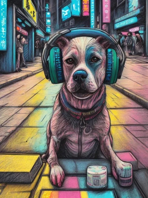 Prompt: pop art chalk pastel art of a detailed dog listening to music on the streets in cyberpunk japan during a festival, sketch, detailed background, highres, fun atmosphere, natural lighting,  abstract, fun