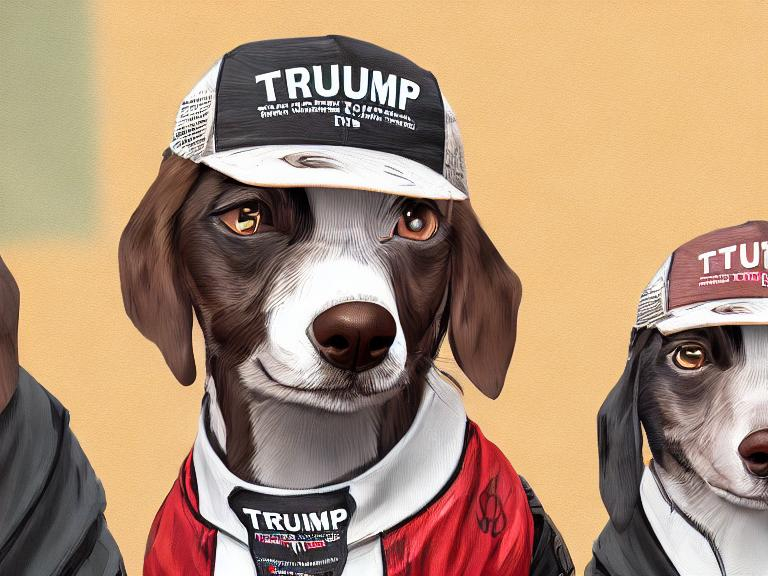 Prompt: black mountain cur dogs dressed in clothes as pro trump supporters