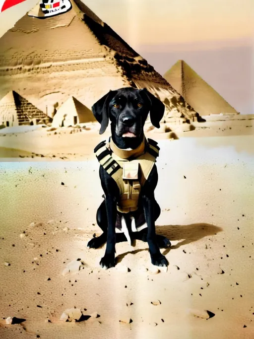 Prompt: black mountain cur dog in military gear in egypt 90s poster