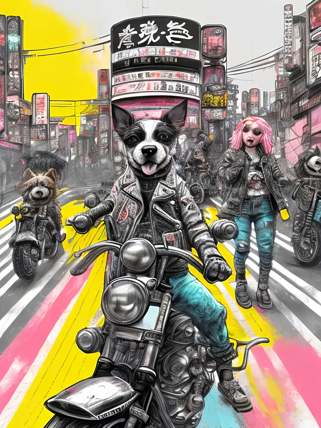 Prompt: pop art chalk pastel art of detailed dogs wearing biker gang clothes playing in the streets in cyberpunk japan during a festival, sketch, detailed background, highres, fun atmosphere, natural lighting,  abstract, fun