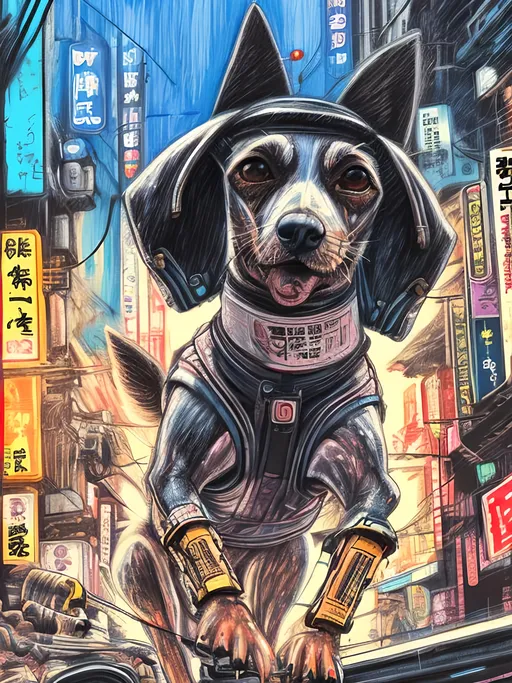 Prompt: pop art chalk pastel art of a detailed dog wearing a pilot uniform playing in the streets in cyberpunk japan during a festival, sketch, detailed background, highres, fun atmosphere, natural lighting,  abstract, fun