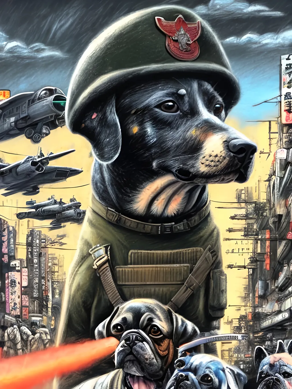 Prompt: chalk pastel art of a detailed dogs wearing military uniforms on the streets in cyberpunk japan during a festival with planes in the background, sketch, detailed background, highres, fun atmosphere, natural lighting,  abstract, fun