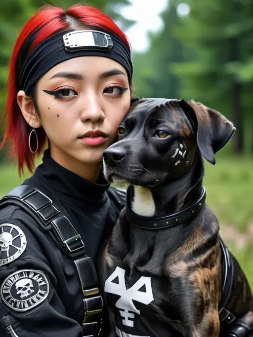 Prompt: mountain cur all black dog cyber punk ninja with half korean half redneck girl