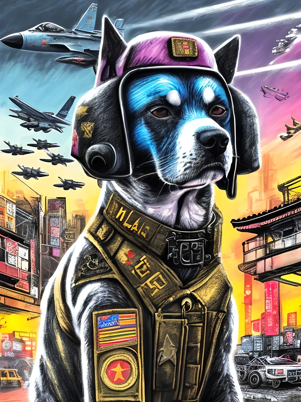 Prompt: pop art chalk pastel art of a detailed dog wearing a military uniform on the streets in cyberpunk japan during a festival with planes in the background, sketch, detailed background, highres, fun atmosphere, natural lighting,  abstract, fun