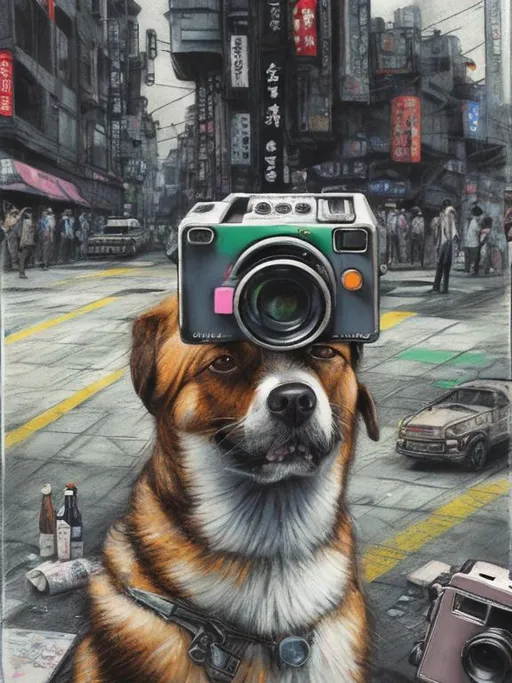 Prompt: chalk pastel art of a detailed dog with a polaroid camera on the streets in post-apocalyptic Japan during a festival with planes in the background, sketch, detailed background, highres, fun atmosphere, natural lighting,  abstract, fun